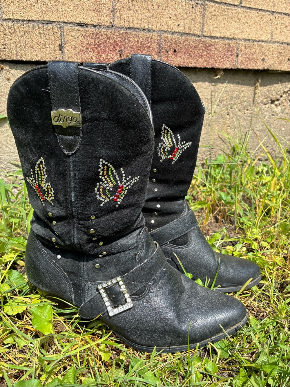 Dingo Black Butterfly Embellished Western Boots for Women